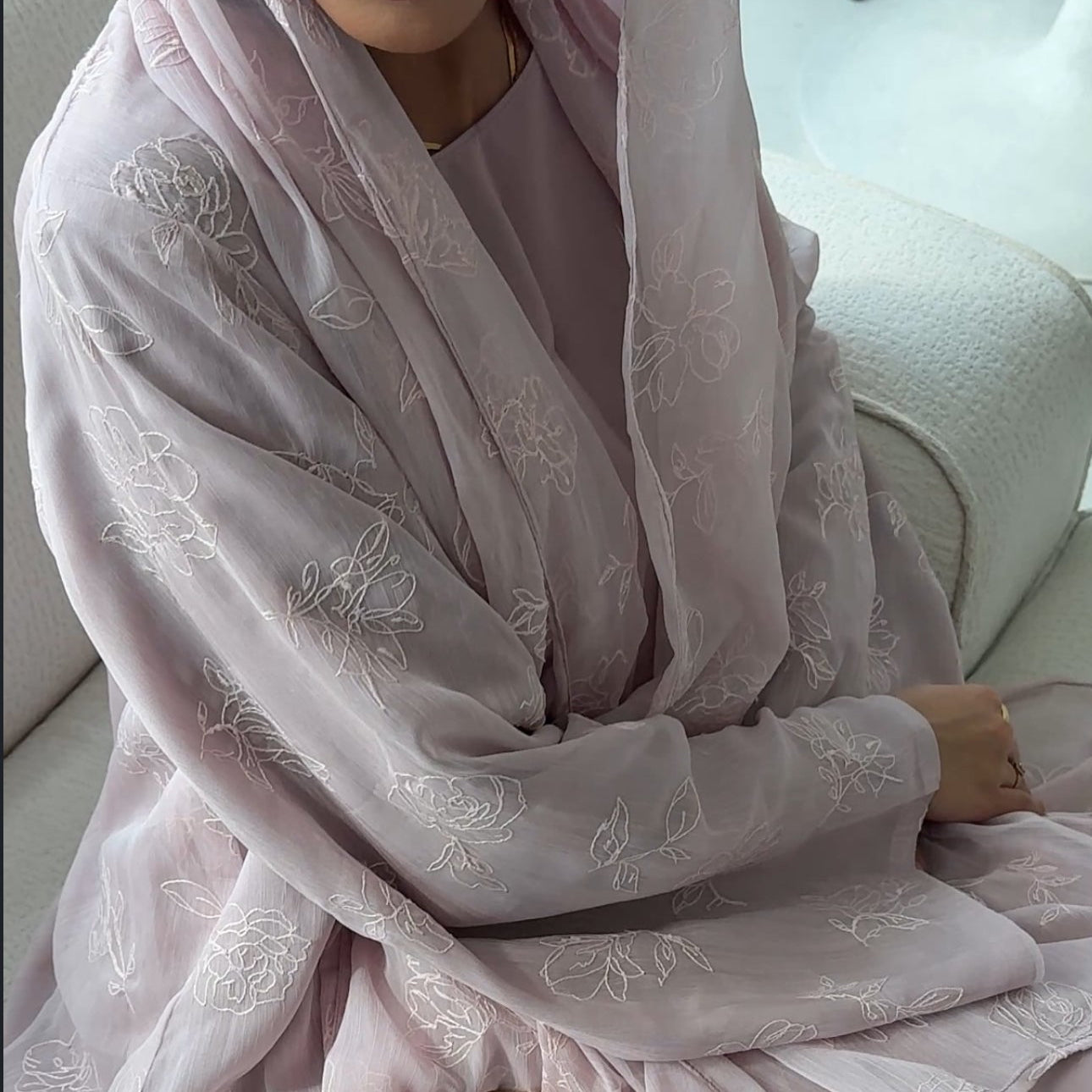 Pale pink threaded abaya