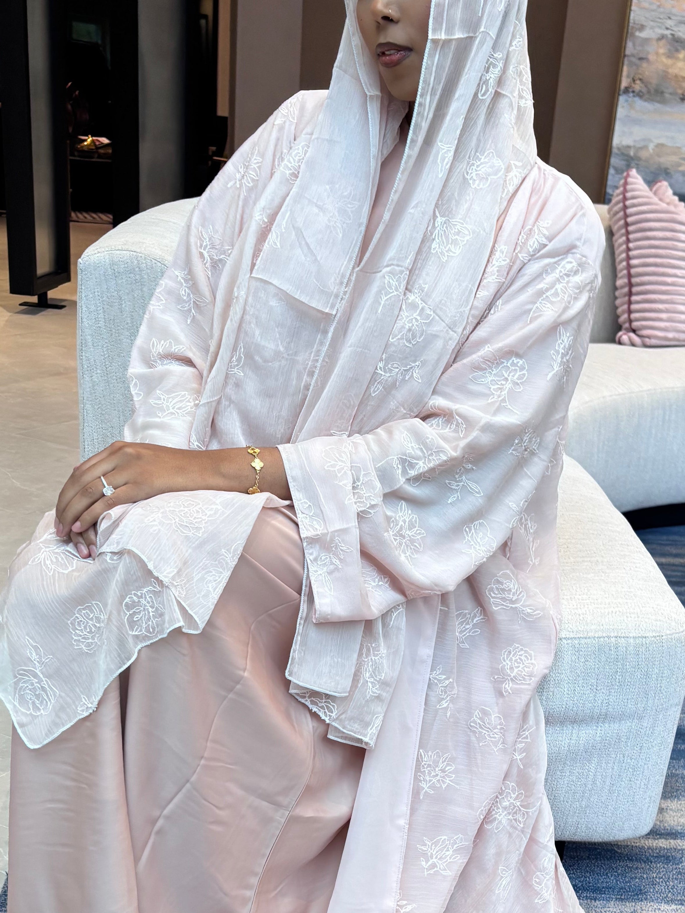 Pale pink threaded abaya