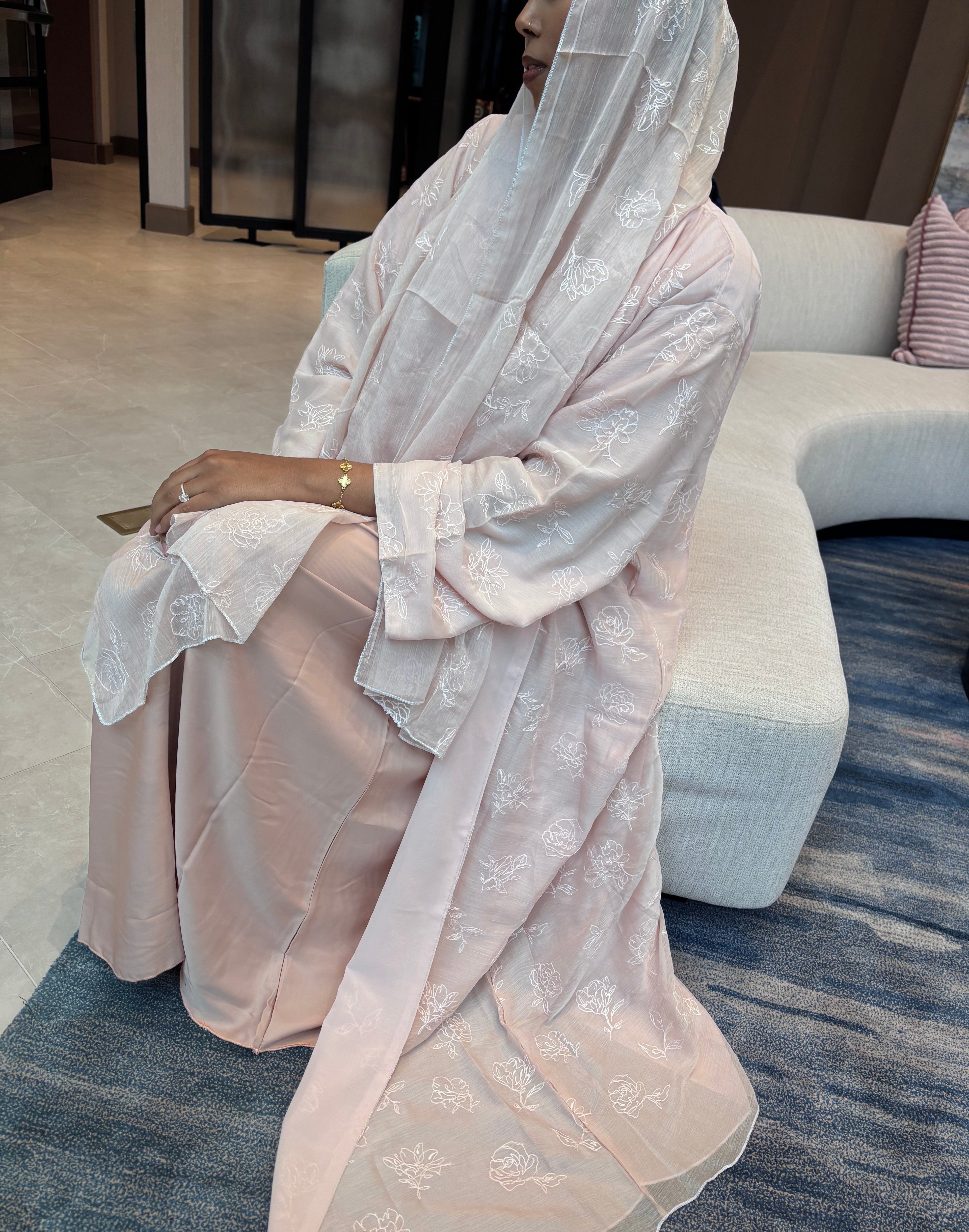 Pale pink threaded abaya