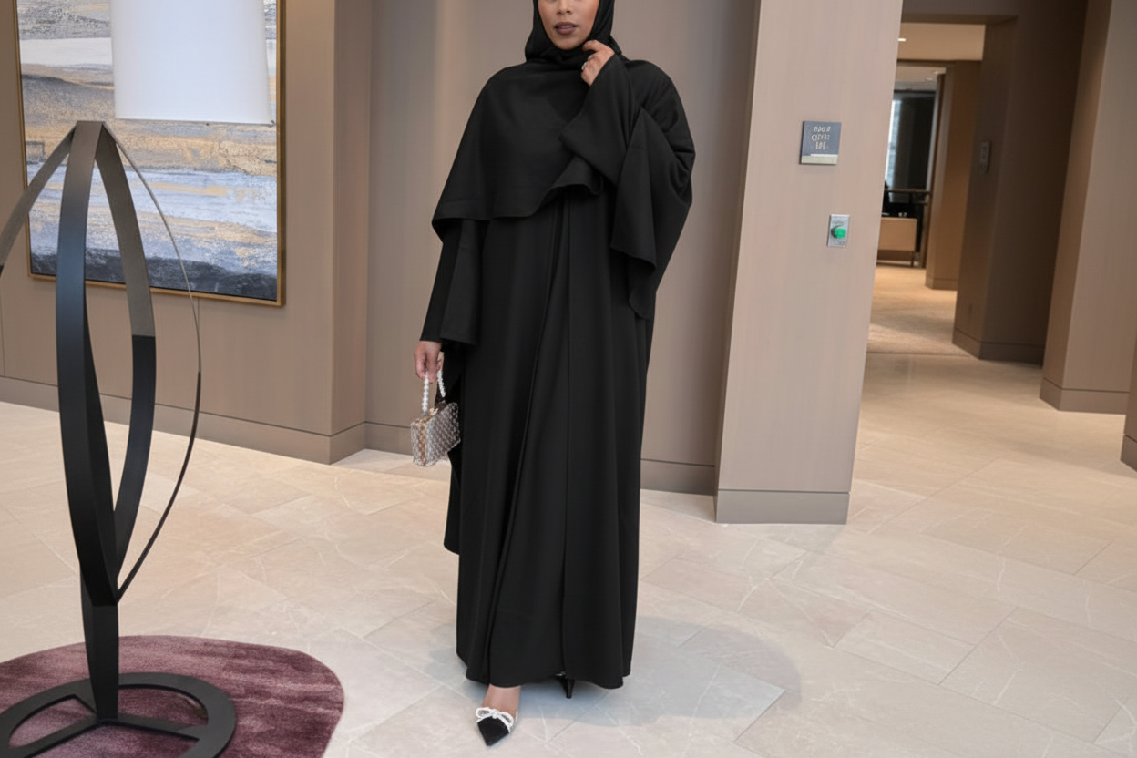 black Draped Coat Open Abaya